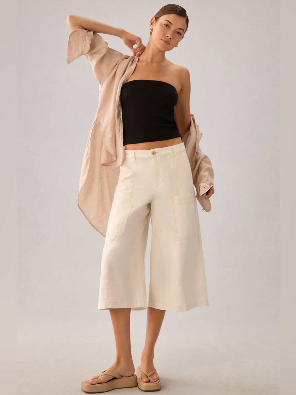 Anthropologie Pilcro Mid-Rise Casual Wide-Leg Cream Culotte Pants Size:28